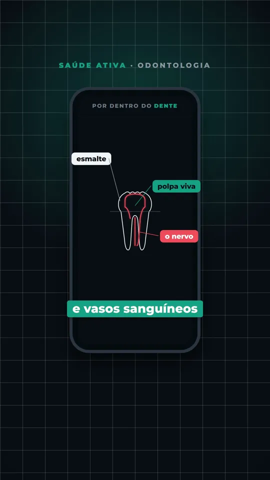 Quadro do vídeo de exemplo: o dente desenhado em linhas dentro de um celular.