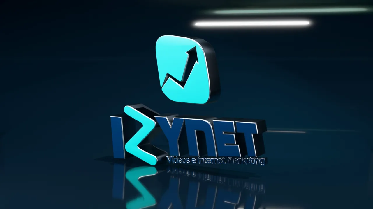 Logo da Izynet em 3D, com a frente nas cores da marca e as laterais de alumínio, sobre um chão escuro que reflete.
