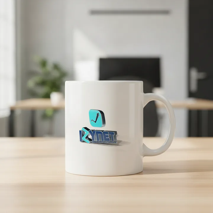 Caneca branca sobre uma mesa de escritório, com o logo em 3D.