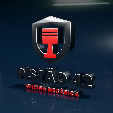 Logo da Oficina Pistão 42 em 3D num estúdio escuro.