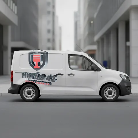 Van branca com o logo 3D da Oficina Pistão 42 na lateral.