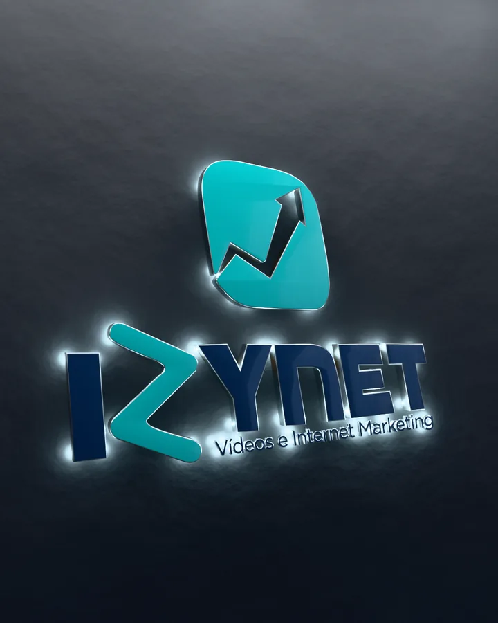 Letreiro de letras-caixa com o logo da Izynet numa parede de concreto, com luz de LED atrás de cada letra.