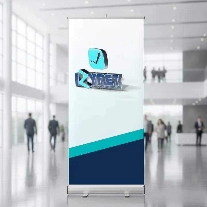 Banner roll-up num saguão, com o logo em 3D no alto e faixas nas cores da marca.