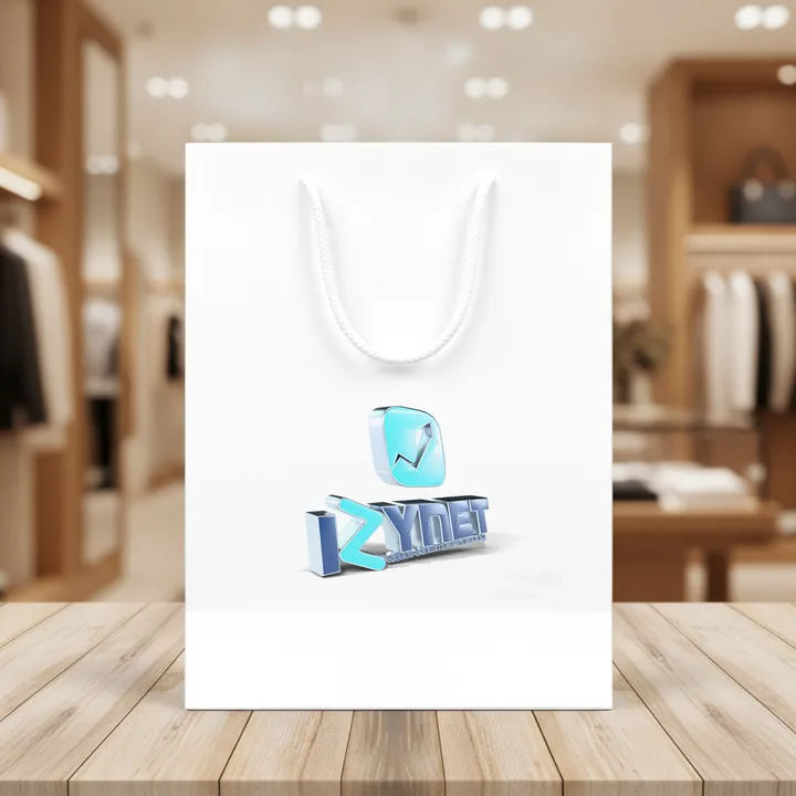 Sacola de papel branca com alça de corda e o logo em 3D, sobre uma mesa de madeira.