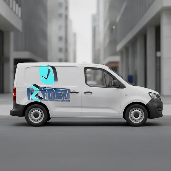Van branca de perfil numa rua, com o logo em 3D na lateral.