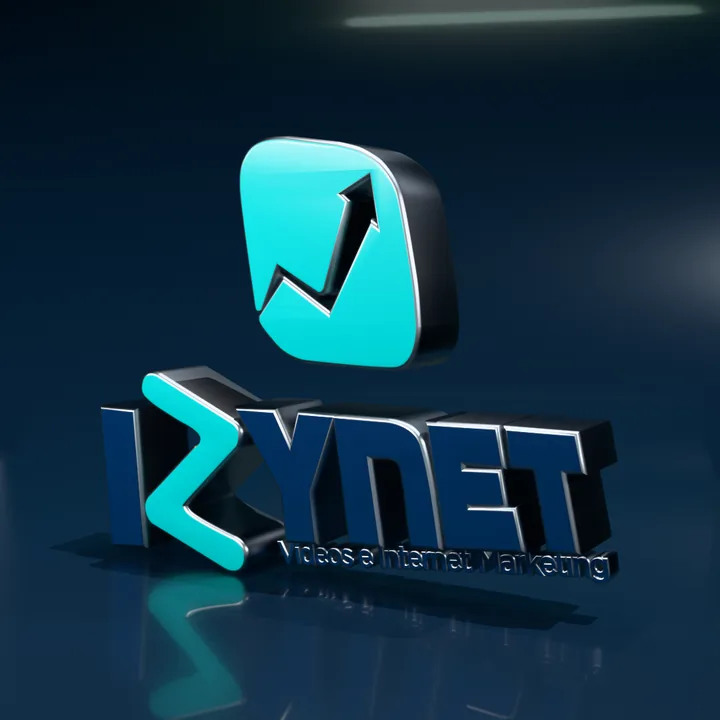 Logo da Izynet em 3D num estúdio escuro, refletido no chão.