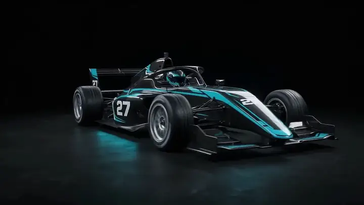 Carro de fórmula preto com faixas ciano e o número 27, girando num estúdio escuro.