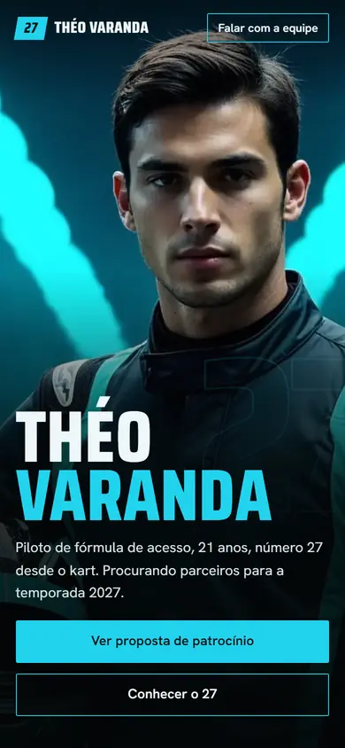 Celular: abertura do site-modelo com o nome do piloto e os botões de proposta e contato.